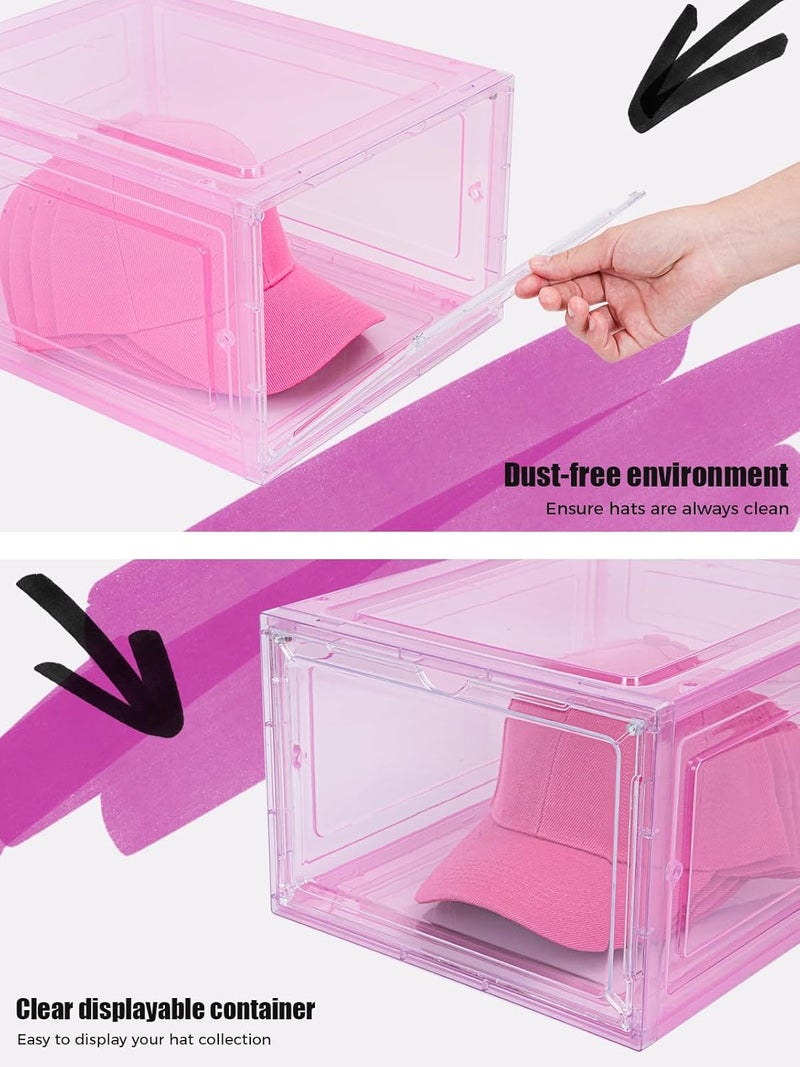 SCAVATA 6 Pack Hat Organizer Box, Stackable Clear Baseball Caps Holder Box Containers with Magnetic Door for Hats Snapback Cap Storag, Hat Rack Display Case, Holds 8 Hats Each (Pink) - Image 5